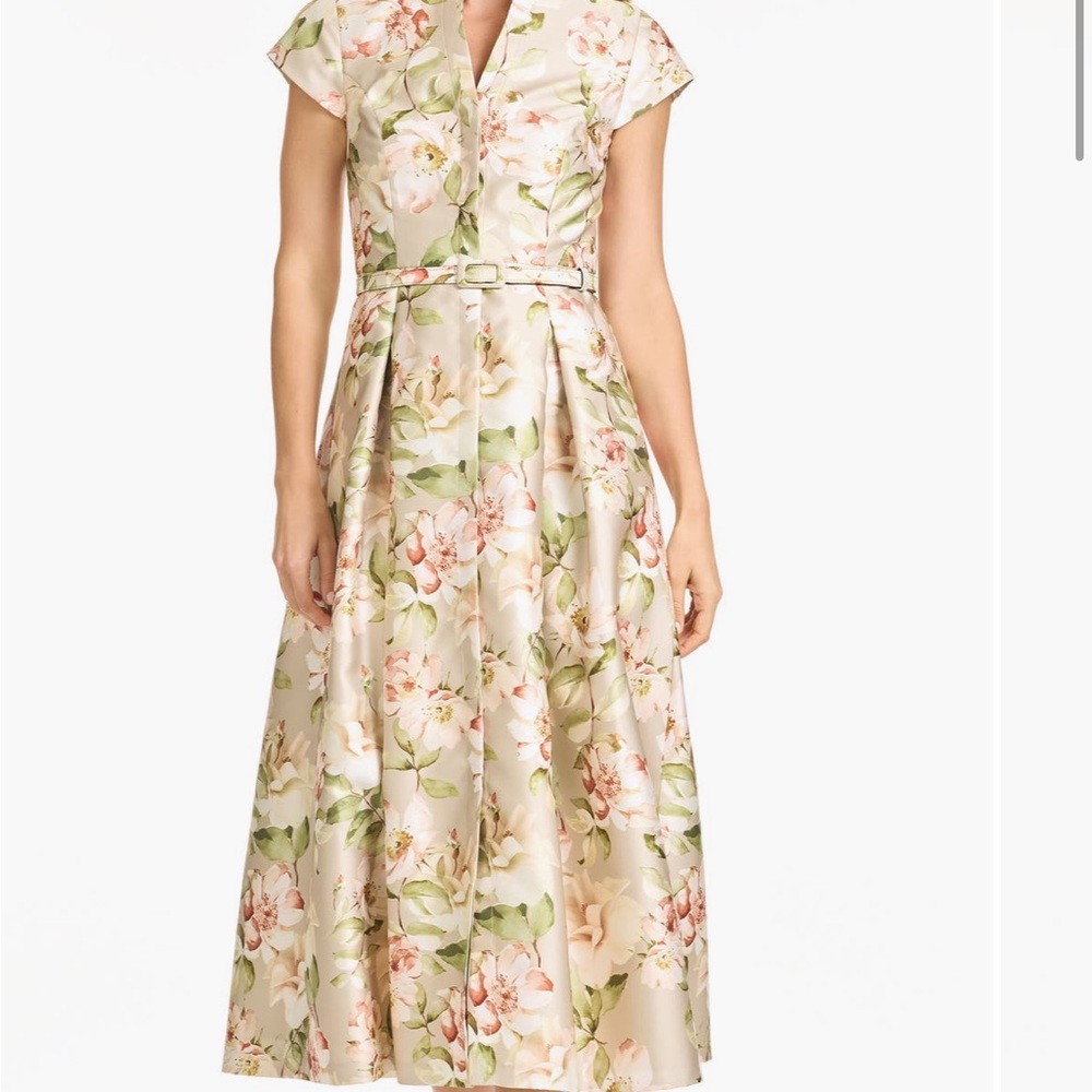 SACHIN BABI Martine Floral Mikado Belted Cocktail Midi Dress